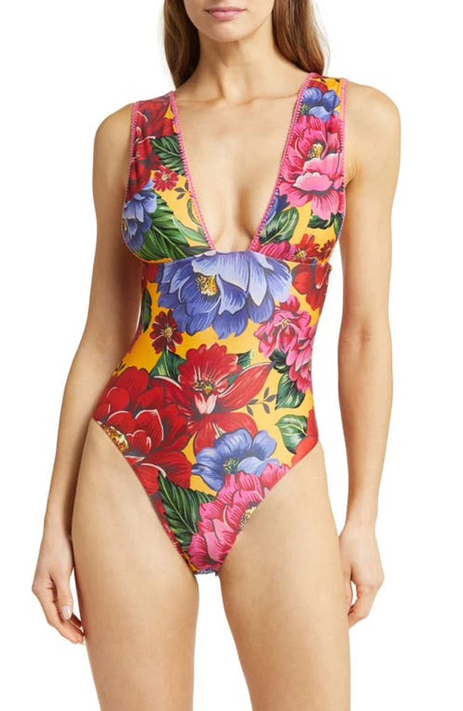 FARM Rio Floral One-Piece Swimsuit in Green /Yellow at Nordstrom, Size X-Large