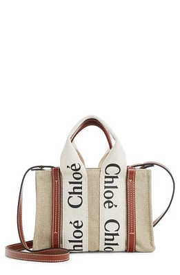 Chloé Small Woody Logo Strap Linen Tote in White - Brown at Nordstrom