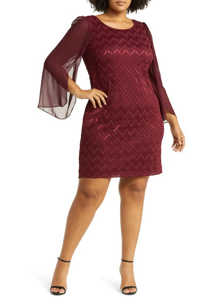 Connected Apparel Chevron Long Sleeve Lace & Chiffon Dress Burgandy at Nordstrom,