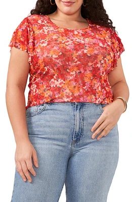 Vince Camuto Floral Flutter Sleeve Mesh T-Shirt Tulip Red at Nordstrom,