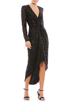 Mac Duggal Metallic Sequin Long Sleeve Faux Wrap Dress Black at Nordstrom,