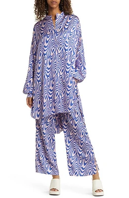 Dressed Lala Oversize Button-Up Satin Shirt & High Waist Crop Pants Set Pink/blue at Nordstrom,