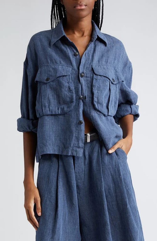 R13 Crop Linen Button-Up Shirt Indigo Blue at Nordstrom,