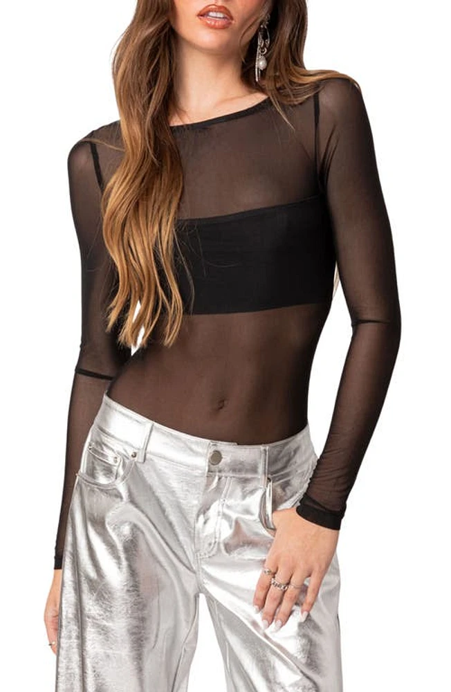 EDIKTED Sheer Bandeau Mesh Bodysuit Black at Nordstrom,