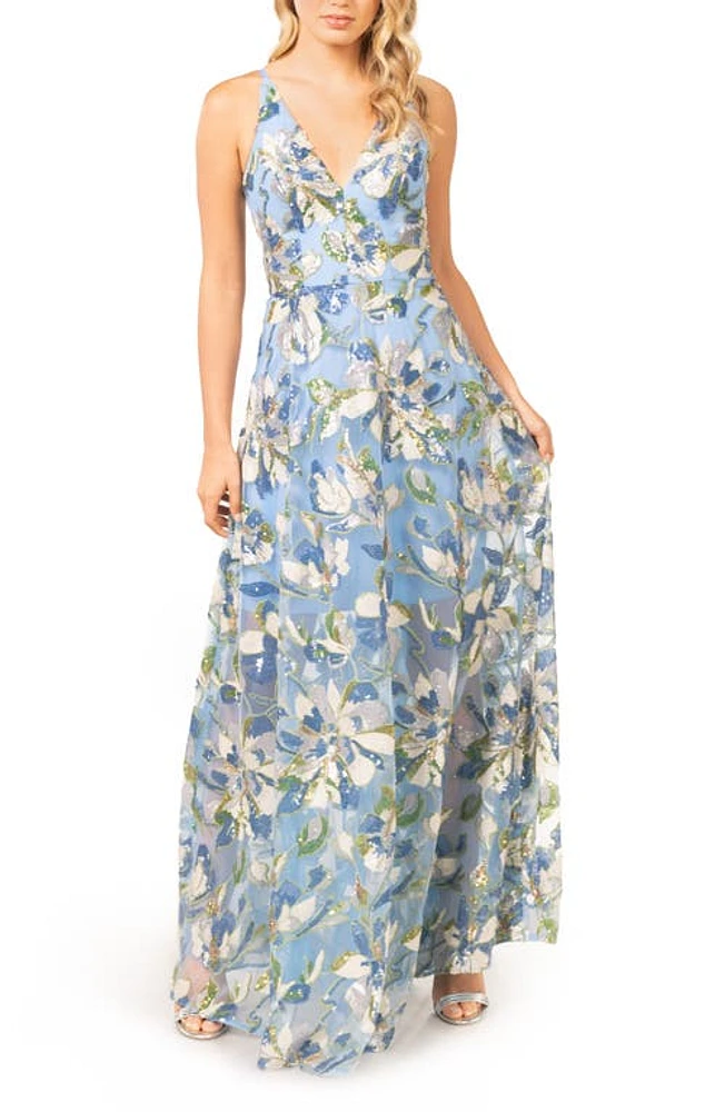 Dress the Population Ariyah Floral Sequin Gown in Sky Blue Multi at Nordstrom, Size Xx-Small