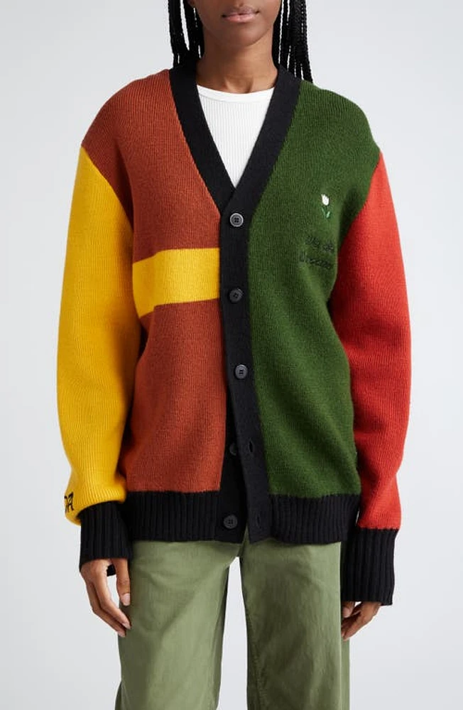 HOUSE OF AAMA Anansi Spider Colorblock Wool Cardigan Red/Green/Black at Nordstrom,