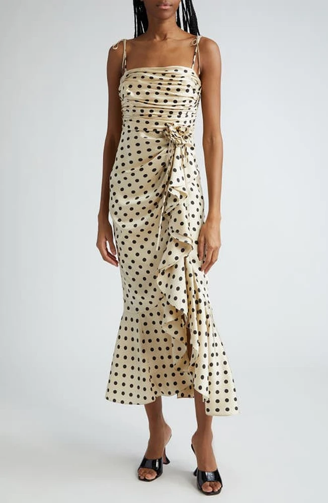 Cinq à Sept Mireya Polka Dot Side Ruffle Dress Gardenia/Black at Nordstrom,