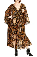 City Chic Freya Placement Belted Long Sleeve Maxi Wrap Dress Ancient Art at