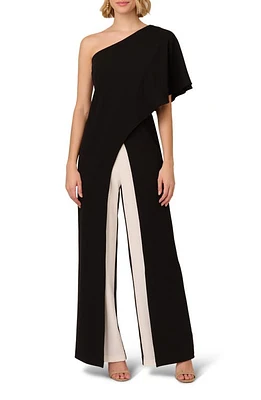 Adrianna Papell One-Shoulder Crepe Overlay Jumpsuit Black/Ivory at Nordstrom,