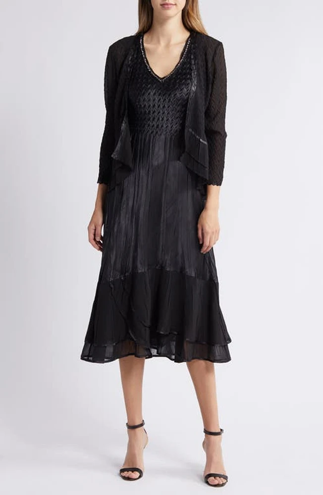 Komarov Charmeuse & Chiffon Cocktail Midi Dress Jacket Set Black at Nordstrom,