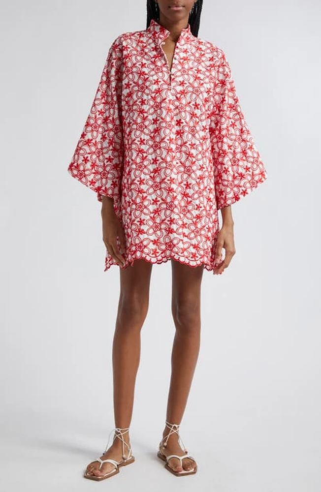 La Vie Style House Floral Embroidered Cover-Up Mini Caftan in Red/White at Nordstrom