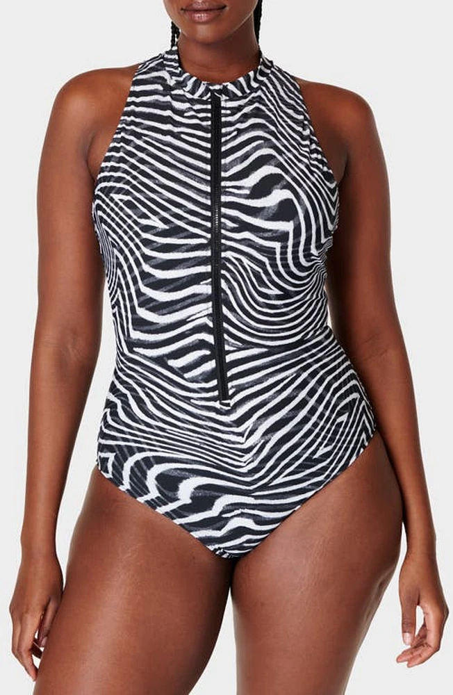 Sweaty Betty Vista High Neck Zip-Up One-Piece Swimsuit Grey Exposure Print at Nordstrom,