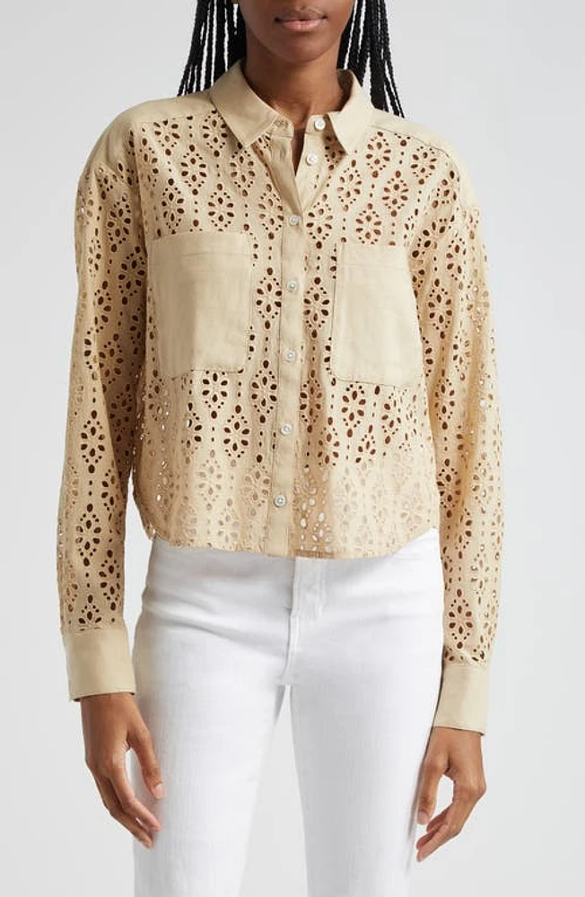 Veronica Beard Aderes Eyelet Embroidered Cotton Button-Up Shirt Stone Khaki at Nordstrom,