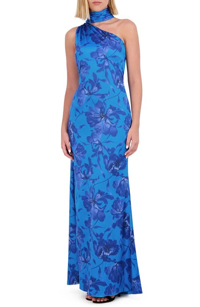 Vince Camuto Floral Mock Neck One-Shoulder Gown Cobalt Multi at Nordstrom,