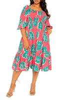 BUXOM COUTURE Print Smocked Midi Dress in Pink Multi at Nordstrom, Size 2X