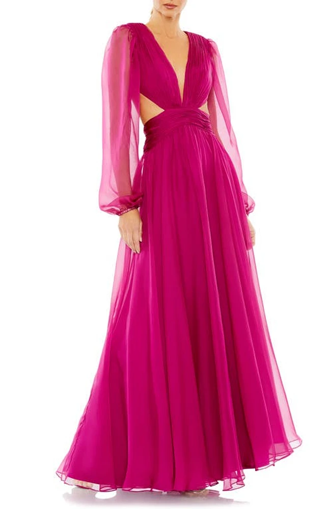 Ieena for Mac Duggal Ruched Cutout Sheer Long Sleeve Gown Berry at Nordstrom,