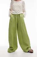 Topshop Pleated Superwide Leg Linen Pants Medium Green at Nordstrom, Us