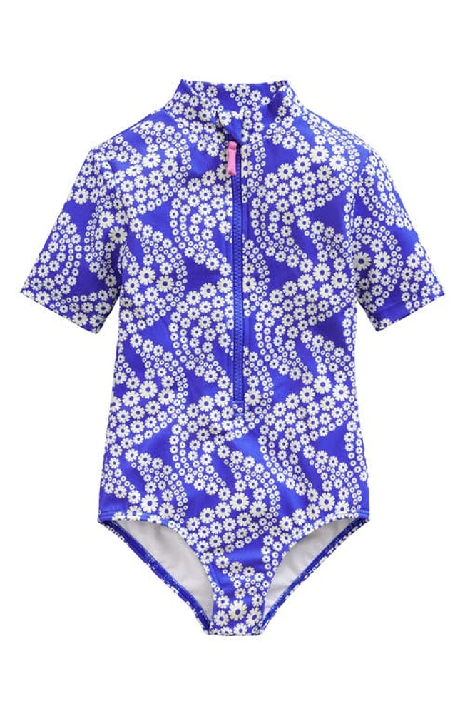 Mini Boden Short Sleeve One-Piece Rashguard Swimsuit Dazzling Blue Daisy Wave at Nordstrom,