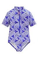 Mini Boden Short Sleeve One-Piece Rashguard Swimsuit Dazzling Blue Daisy Wave at Nordstrom,