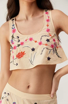 NASTY GAL Floral Embroidered Cotton Crop Tank Ecru at Nordstrom,