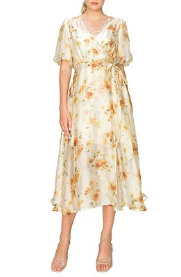 MELLODAY Floral Chiffon Midi Wrap Dress Beige Golden at Nordstrom,