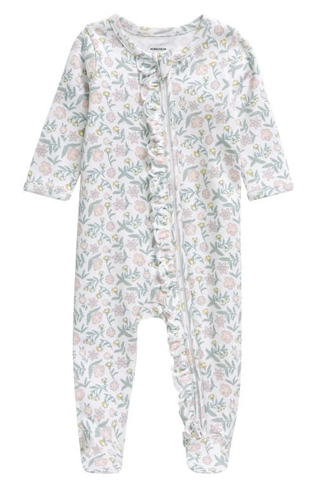 Nordstrom Floral Ruffle Zip-Up Cotton Footie White- Pink Summertime at Nordstrom,