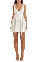 HOUSE OF CB Shiema Plunge Neck Tie Waist Satin Dress Ivory at Nordstrom,