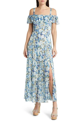 PAIGE Carmelia Floral Cold Shoulder Silk Maxi Dress French Blue Multi at Nordstrom,