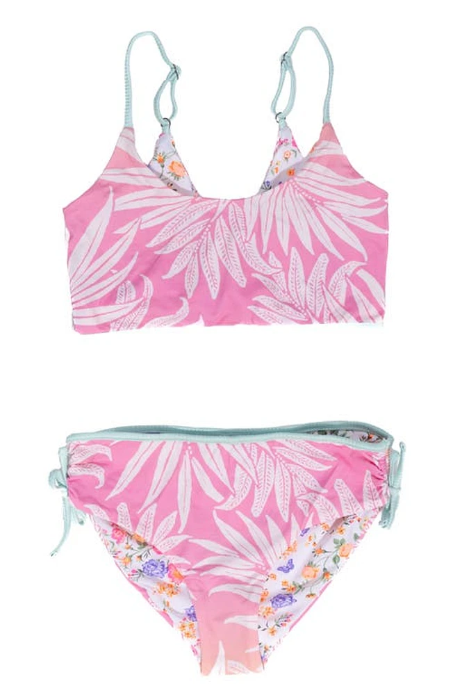 Maaji Kids' Ombré Foliage Sunflower Reversible Two-Piece Swimsuit Pink at Nordstrom,