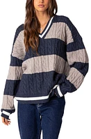 EDIKTED Romie Cable Knit V-Neck Sweater Navy at Nordstrom,