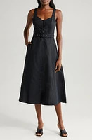 PAIGE Arienne Belted Sleeveless Linen Blend Midi Dress Black at Nordstrom,