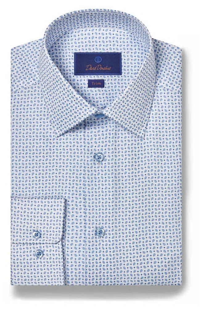 David Donahue Trim Fit Paisley Dress Shirt White/Blue at Nordstrom, 