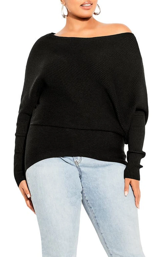 City Chic Stella Off the Shoulder Rib Sweater in Black at Nordstrom, Size Xx-Small