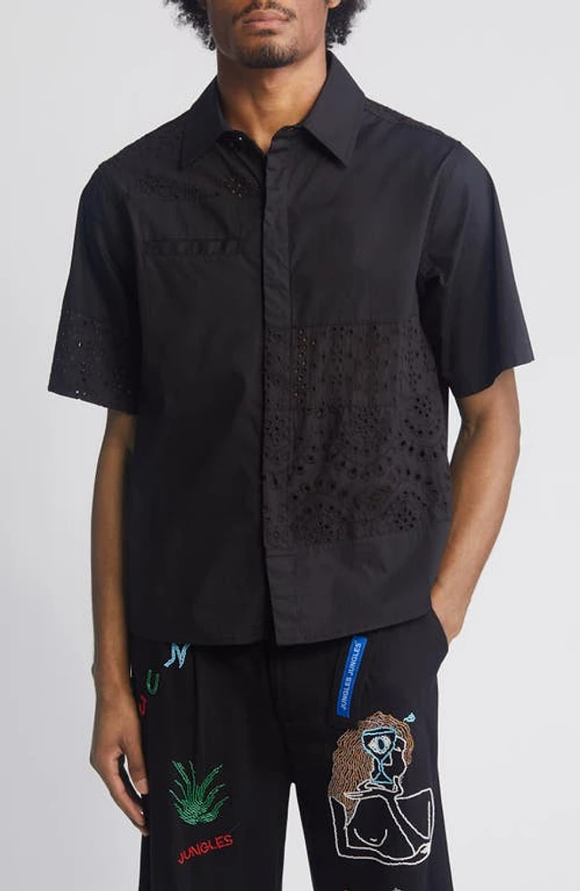 JUNGLES Eyelet Short Sleeve Cotton Button-Up Shirt Black at Nordstrom,