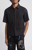 JUNGLES Eyelet Short Sleeve Cotton Button-Up Shirt Black at Nordstrom,