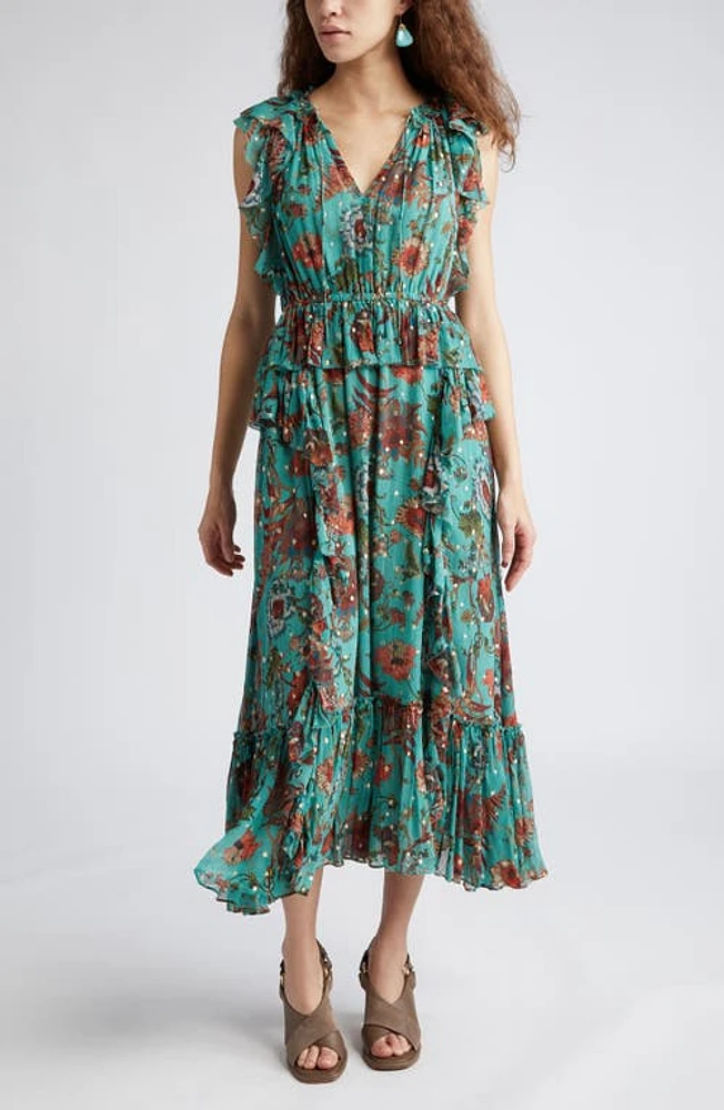 Ulla Johnson Adrienne Floral Silk Blend Midi Dress in Garden Bloom at Nordstrom, Size 10