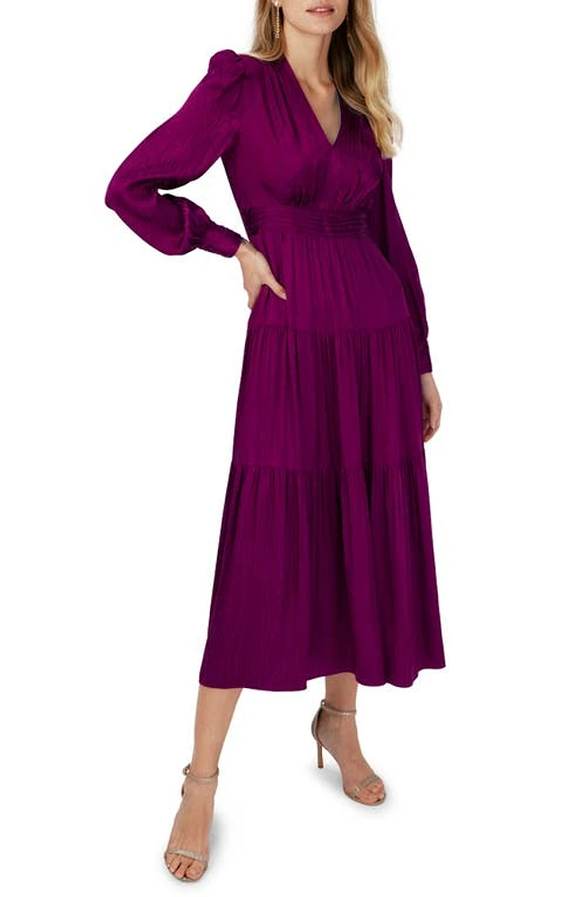 DVF Gil Long Sleeve Tiered Jacquard Midi Dress Violet at Nordstrom,