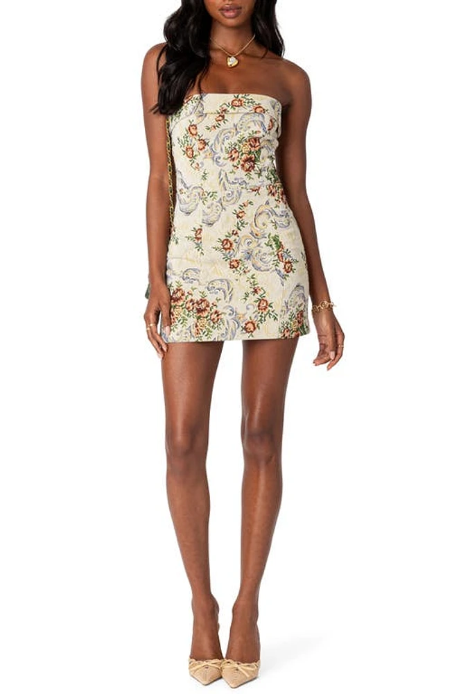 EDIKTED Floral Tapestry Lace-Up Back Strapless Minidress Cream at Nordstrom,