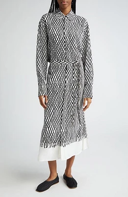 Proenza Schouler Bailey Net Print Long Sleeve Crepe Midi Shirtdress Off White Multi at Nordstrom,