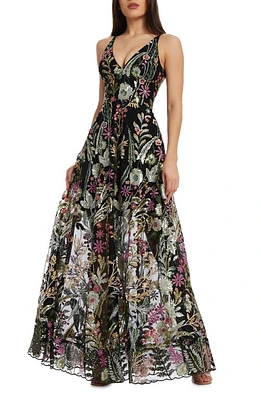 Dress the Population Ariyah Floral Sequin A-Line Gown Black Multi at Nordstrom,