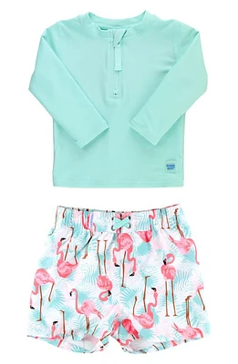 RuggedButts Flamingo Two-Piece Rashguard Swimsuit Aqua Blue at Nordstrom,