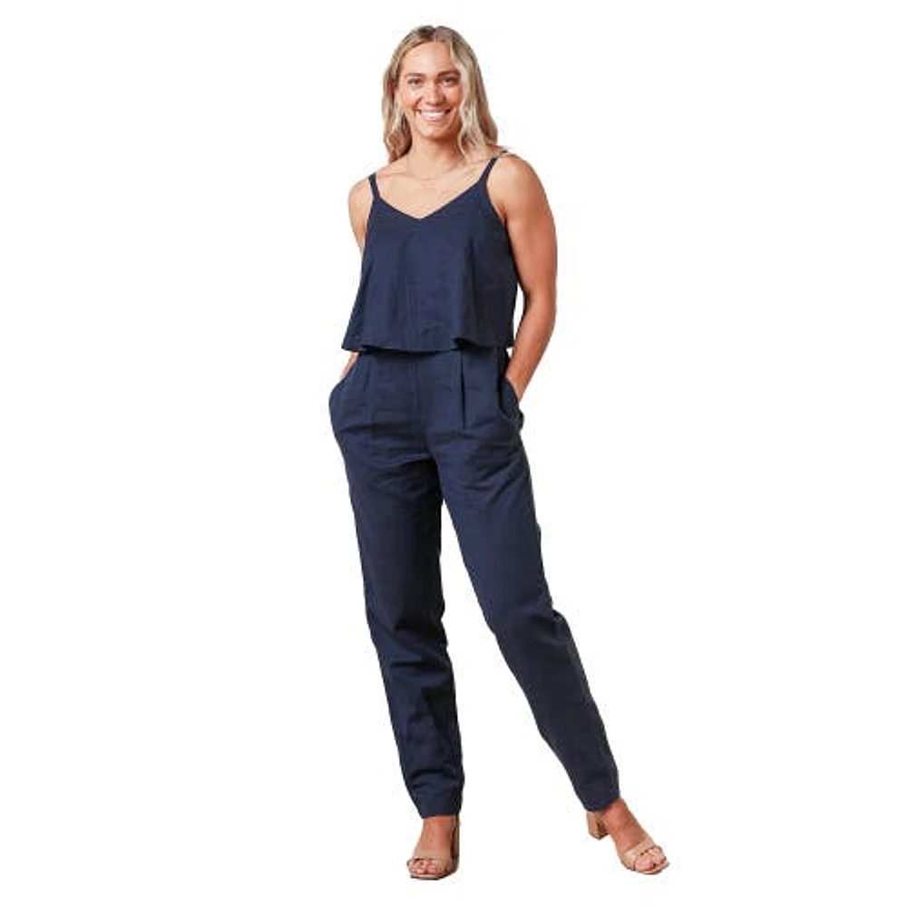 Hope & Henry Women's Sleeveless Faux Top Jumpsuit Navy Linen at Nordstrom,