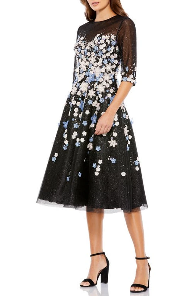 Mac Duggal Floral Appliqué Midi Cocktail Dress Black Multi at Nordstrom,