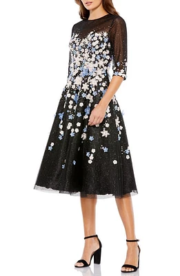 Mac Duggal Floral Appliqué Midi Cocktail Dress Black Multi at Nordstrom,