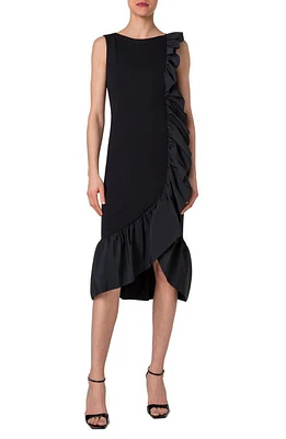 Akris punto Bateau Neck Ruffle Trim Midi Dress Black at Nordstrom,