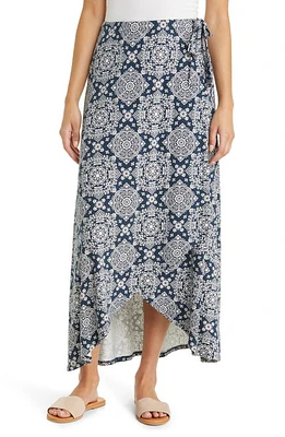 Loveappella Print Faux Wrap Skirt Navy/Ivory at Nordstrom,