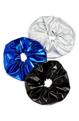 Tasha Assorted 3-Pack Metallic Scrunchies in Blue/Silver/Black at Nordstrom