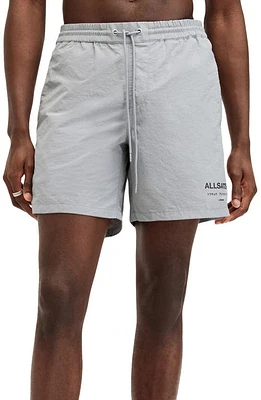 AllSaints Underground Logo Print Swim Trunks at Nordstrom,