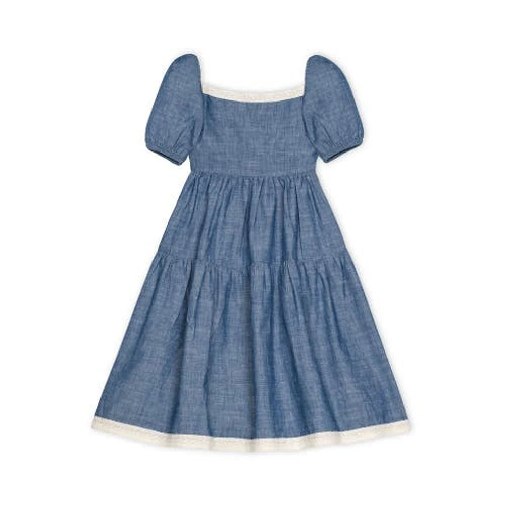 Hope & Henry Girls' Short Bubble Sleeve Crochet Trim Chambray Dress, Infant at Nordstrom