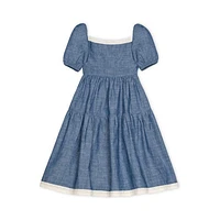 Hope & Henry Girls' Short Bubble Sleeve Crochet Trim Chambray Dress, Infant at Nordstrom